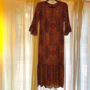 KACHEL X Anthropologie dress. 3/4 sleeve with ruffle detail. Zipper closure